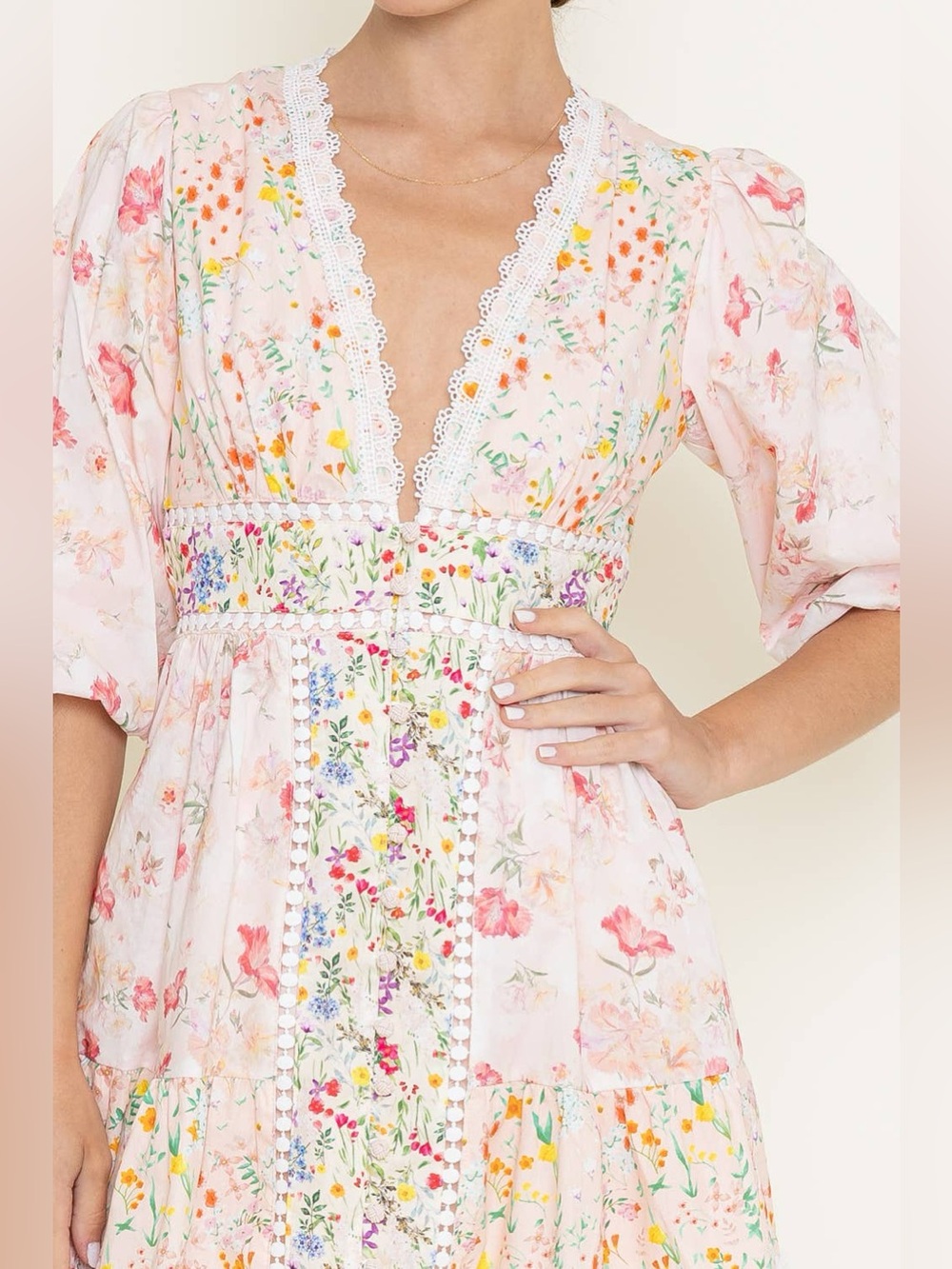 NWOT FORE Collection Floral Print Cotton Crochet Bubble Hem Sleeve Mini Dress - Picture 5 of 13